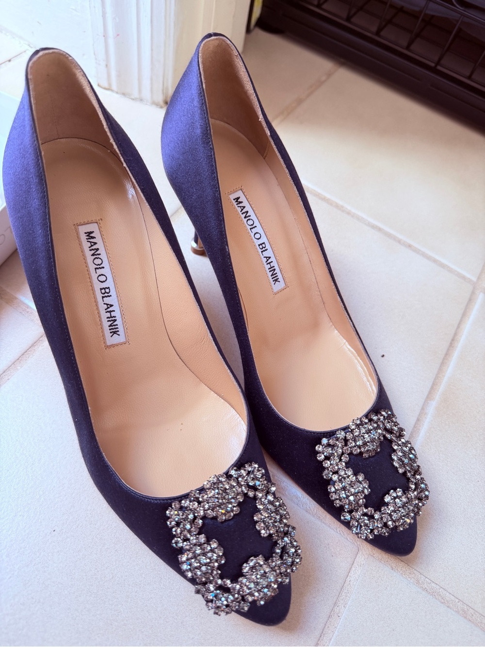 Manolo Blahnik Blue Satin Hangisi Crystal-Embellished Pumps